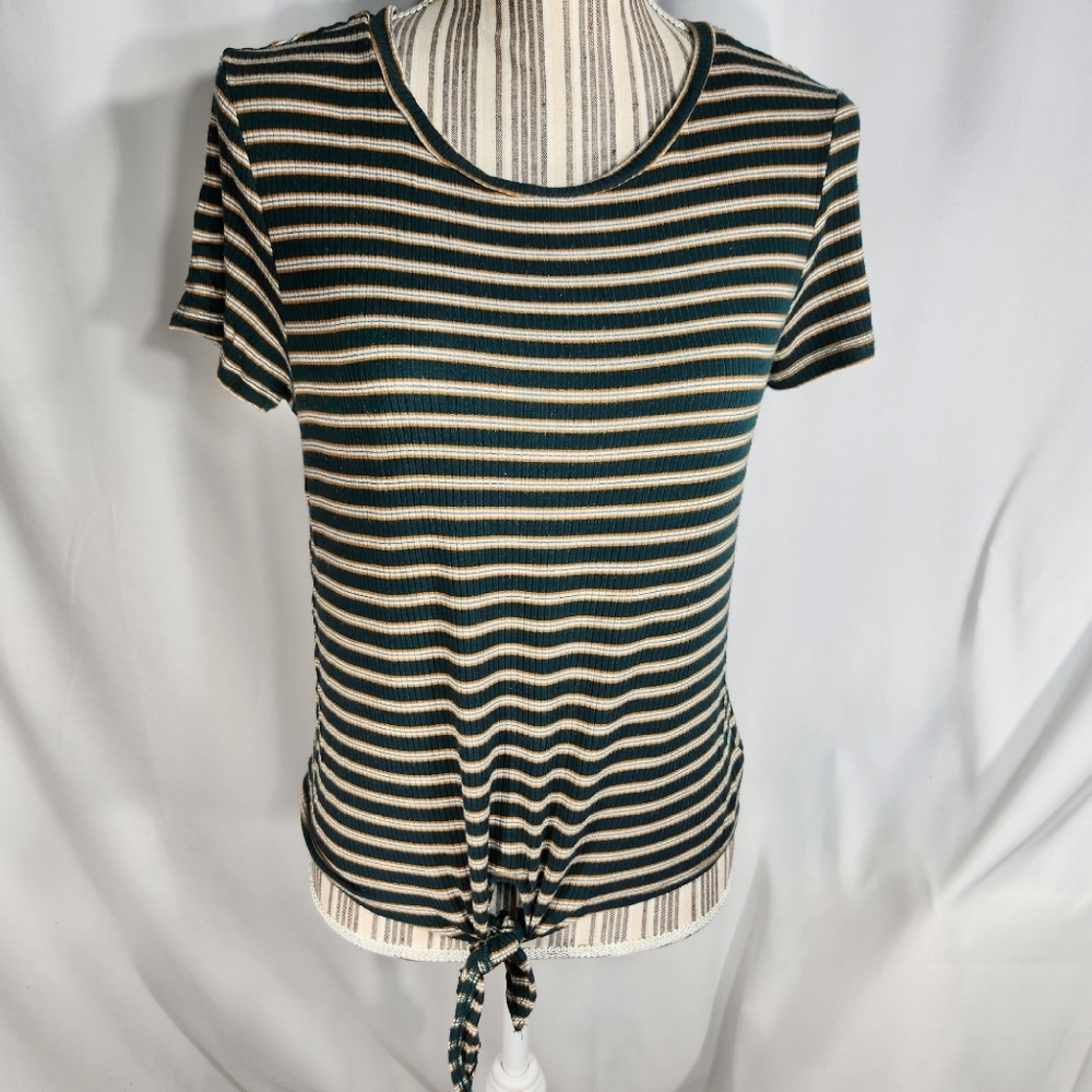 American Eagle Green Orange White Striped Short Sleeve Tie Front Hem Top Medium